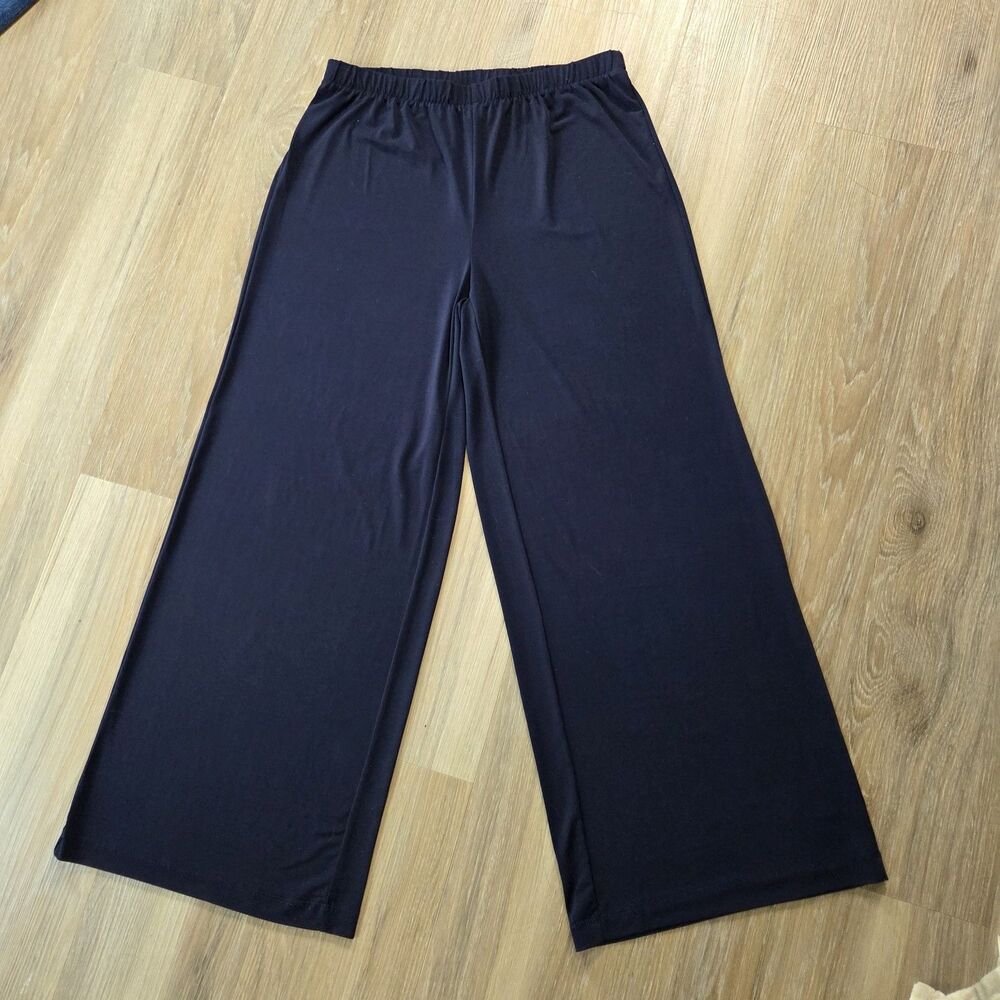 Chicos Pants Womens Sz 1 (8/10) Long Navy Wide Leg Pull On Stretch Dressy Career